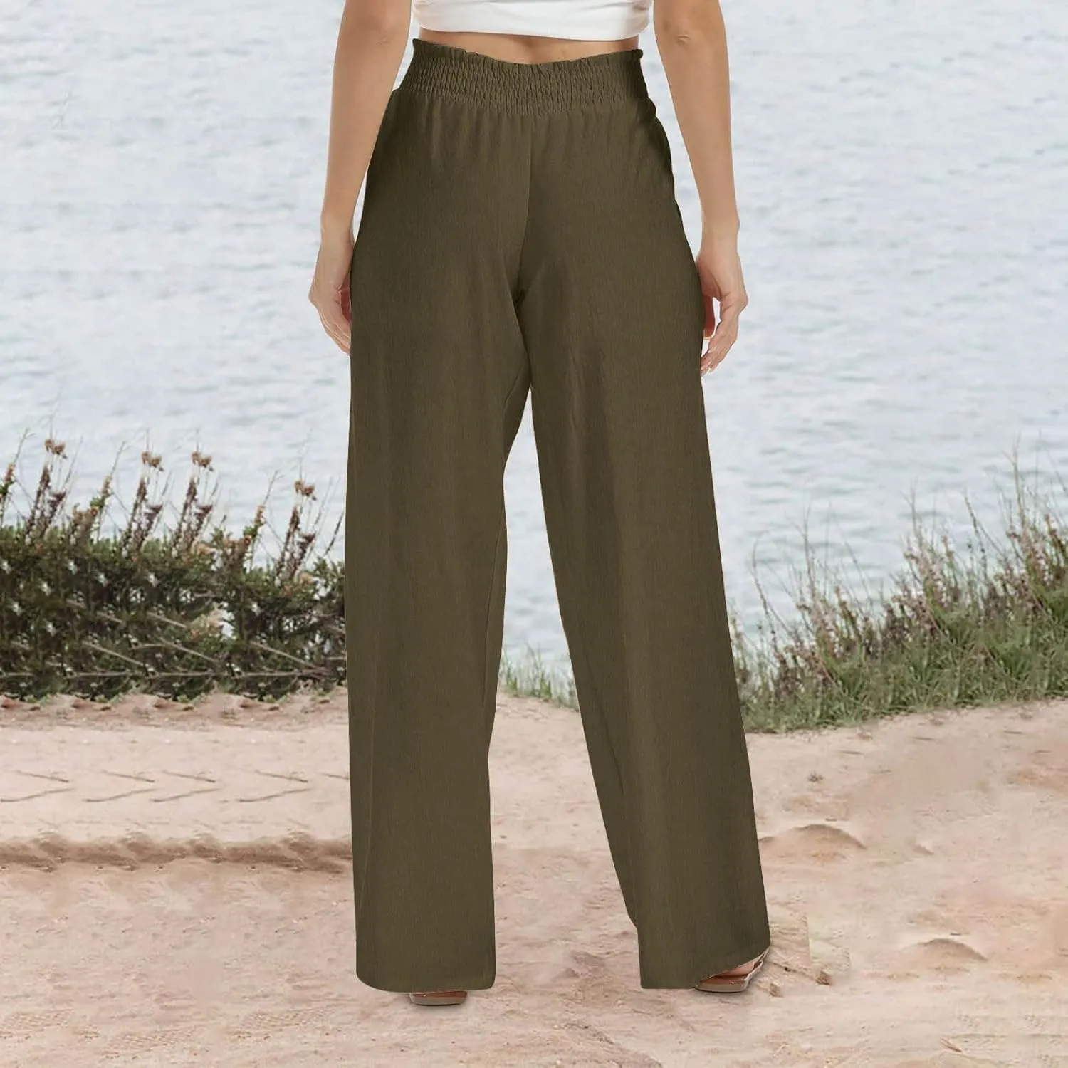 Women Straight Wide Leg Pants Elastic High Waisted Trendy Summer Clothes Cotton Linen Lightweight Flowy Outfits