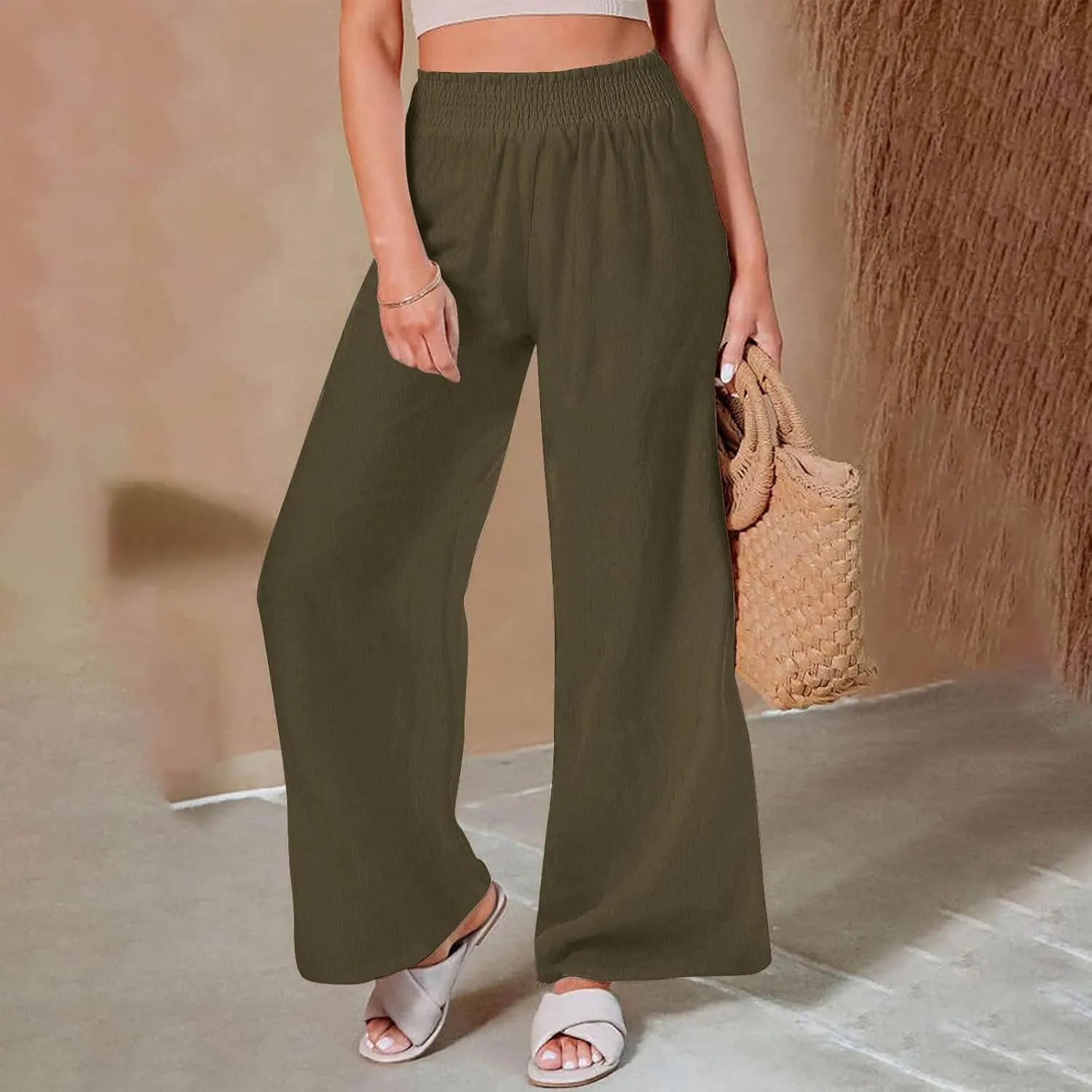 Women Straight Wide Leg Pants Elastic High Waisted Trendy Summer Clothes Cotton Linen Lightweight Flowy Outfits