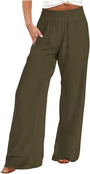 Women Straight Wide Leg Pants Elastic High Waisted Trendy Summer Clothes Cotton Linen Lightweight Flowy Outfits