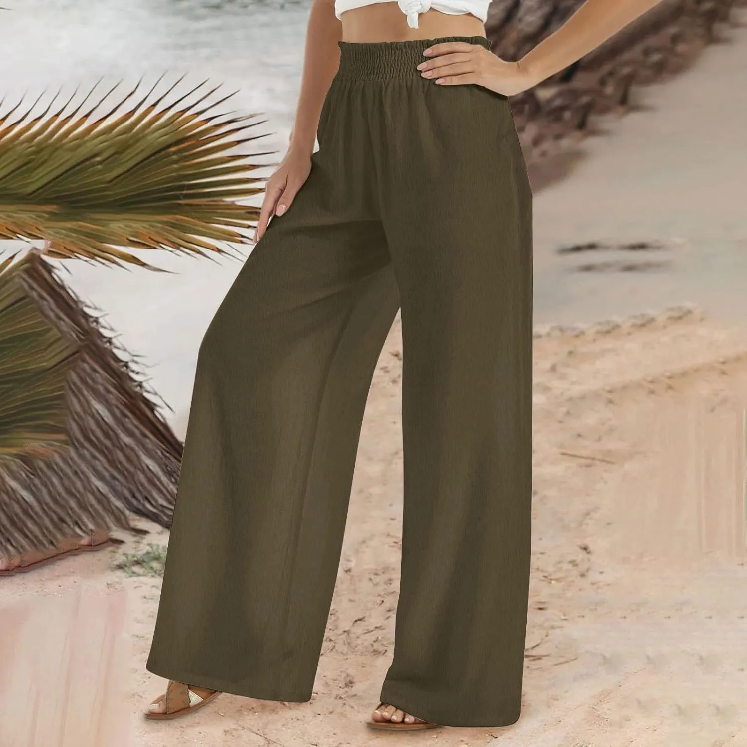 Women Straight Wide Leg Pants Elastic High Waisted Trendy Summer Clothes Cotton Linen Lightweight Flowy Outfits