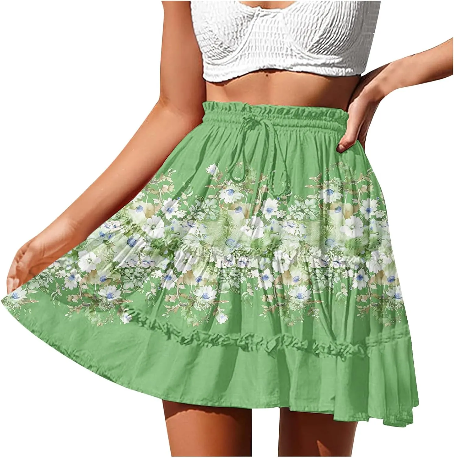 Women Summer Boho Floral Skirts 2025 Trendy Beach Mini Skirt Elastic Waist Tiered Ruffle Pleated Skirts