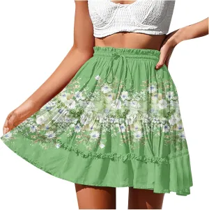 Women Summer Boho Floral Skirts 2025 Trendy Beach Mini Skirt Elastic Waist Tiered Ruffle Pleated Skirts