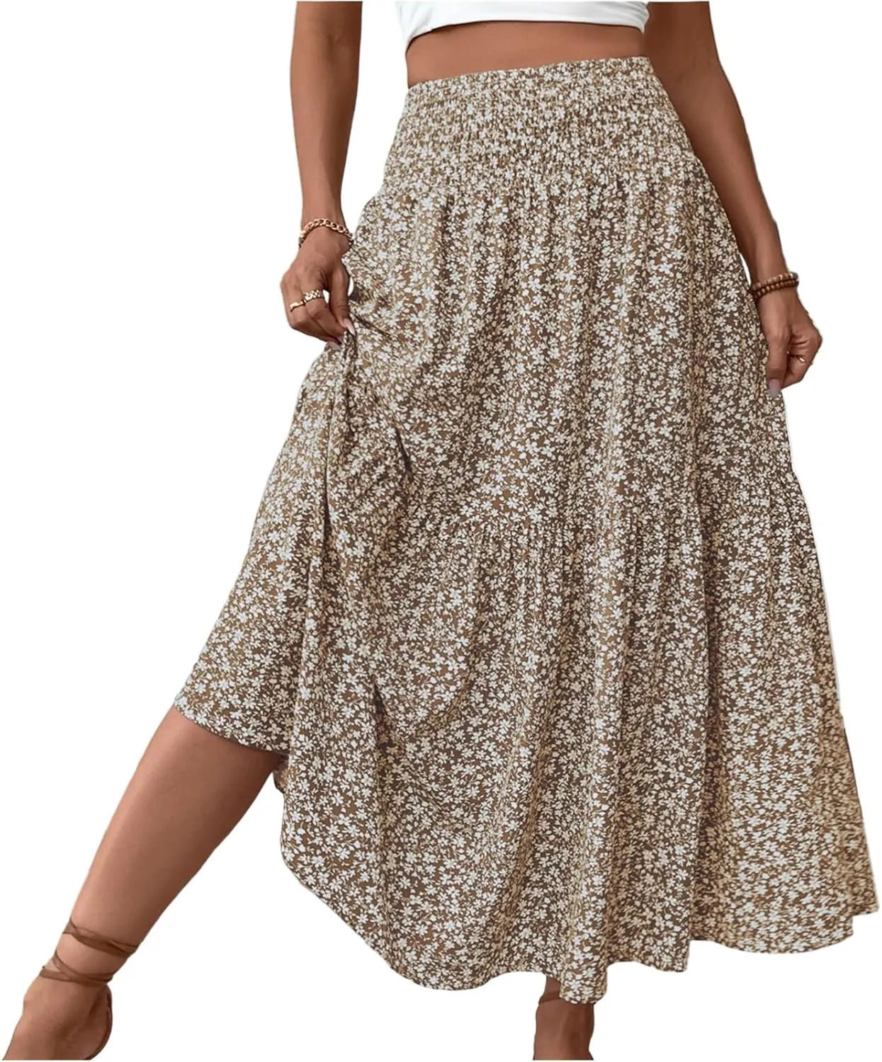 Women Summer Boho Skirt Floral Smocked Elastic Waist Flowy Swing Pleated Skirts Vacation Print A-Line Long Skirts