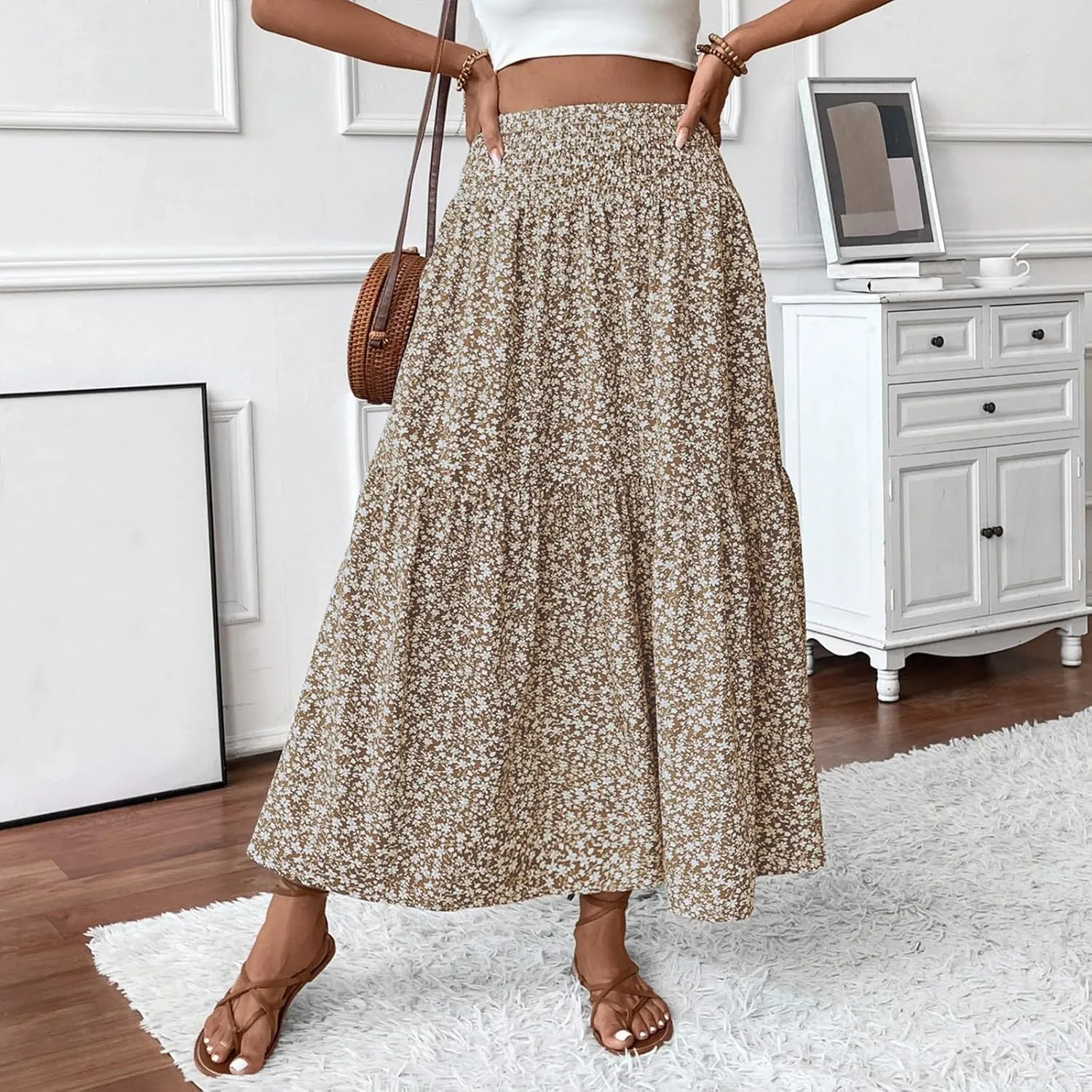 Women Summer Boho Skirt Floral Smocked Elastic Waist Flowy Swing Pleated Skirts Vacation Print A-Line Long Skirts