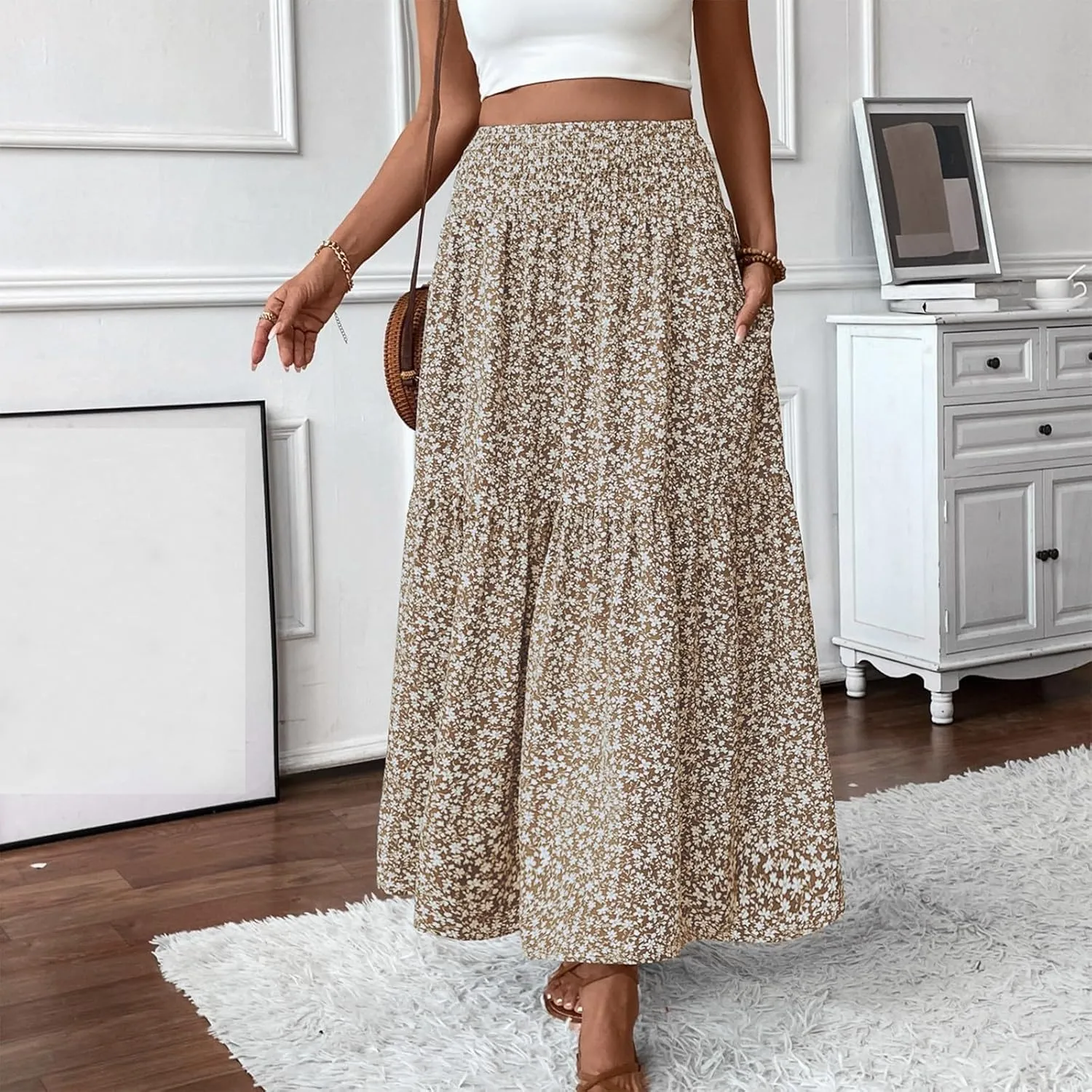 Women Summer Boho Skirt Floral Smocked Elastic Waist Flowy Swing Pleated Skirts Vacation Print A-Line Long Skirts