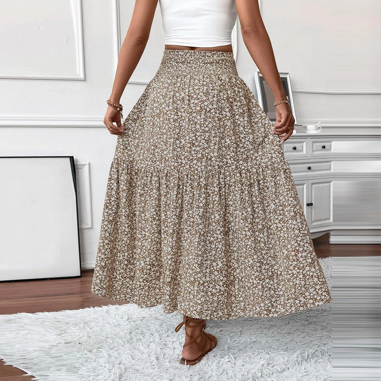 Women Summer Boho Skirt Floral Smocked Elastic Waist Flowy Swing Pleated Skirts Vacation Print A-Line Long Skirts