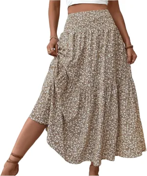 Women Summer Boho Skirt Floral Smocked Elastic Waist Flowy Swing Pleated Skirts Vacation Print A-Line Long Skirts