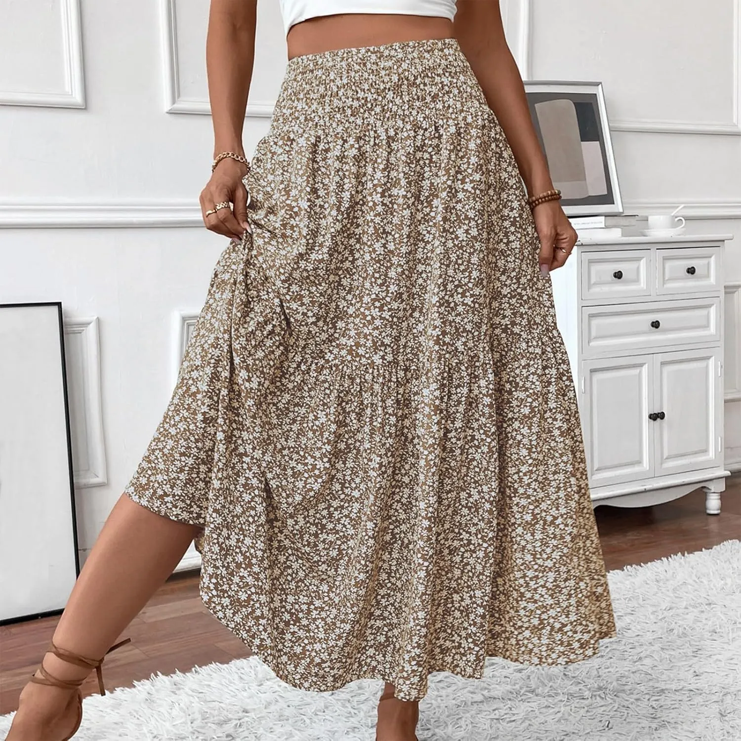 Women Summer Boho Skirt Floral Smocked Elastic Waist Flowy Swing Pleated Skirts Vacation Print A-Line Long Skirts