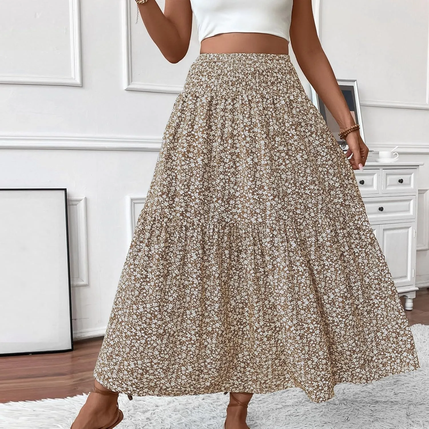 Women Summer Boho Skirt Floral Smocked Elastic Waist Flowy Swing Pleated Skirts Vacation Print A-Line Long Skirts