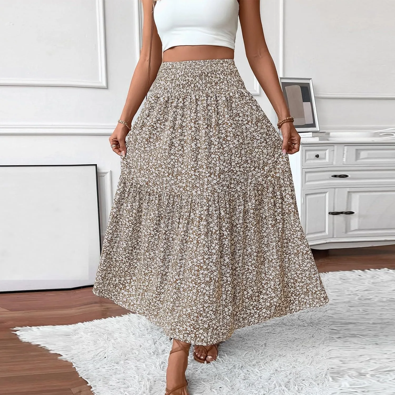 Women Summer Boho Skirt Floral Smocked Elastic Waist Flowy Swing Pleated Skirts Vacation Print A-Line Long Skirts
