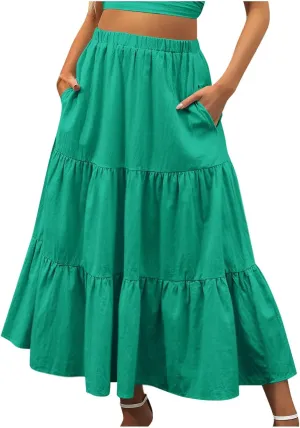 Women Summer Boho Skirt Flowy Ruffle Skirts with Pockets A-Line Midi Skirt Tiered Pleated Skirts Elastic Waist Skirt