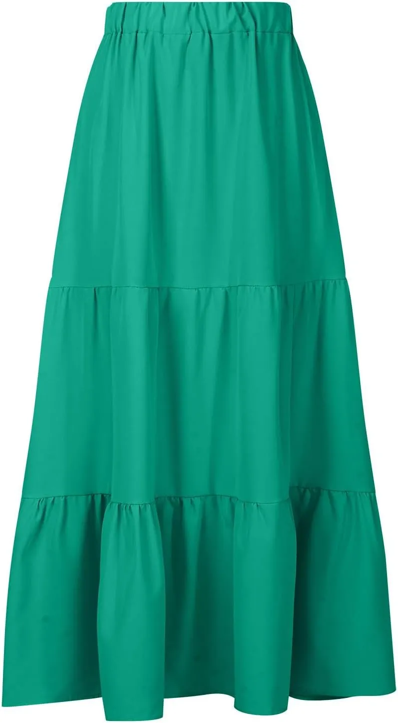 Women Summer Boho Skirt Flowy Ruffle Skirts with Pockets A-Line Midi Skirt Tiered Pleated Skirts Elastic Waist Skirt