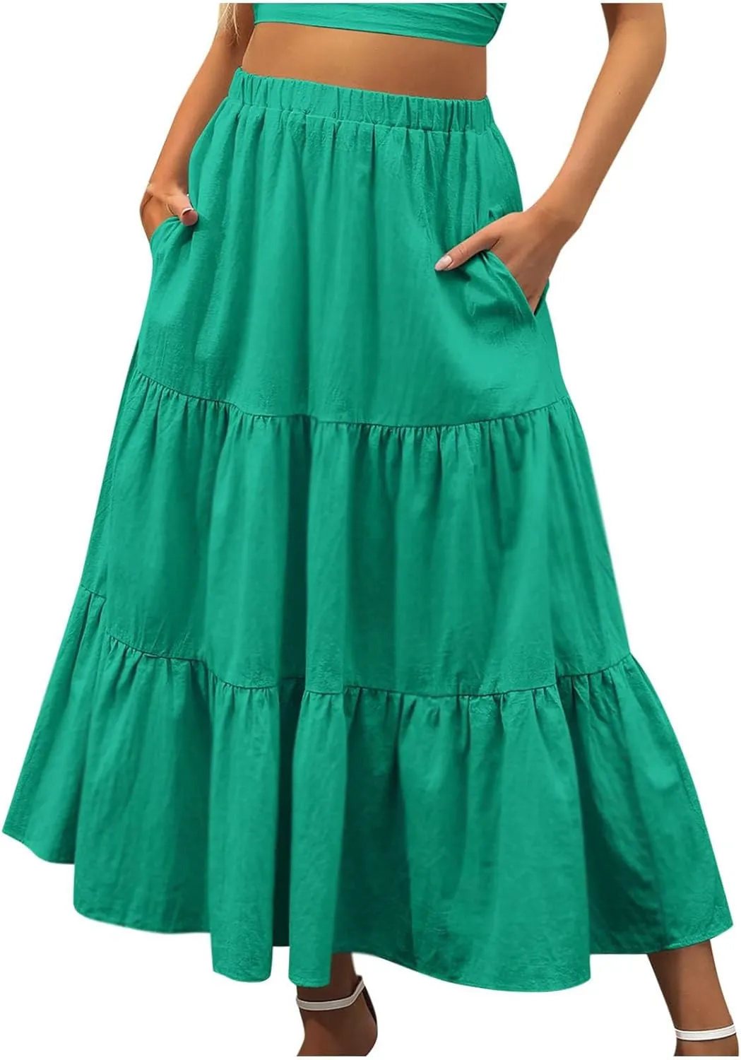 Women Summer Boho Skirt Flowy Ruffle Skirts with Pockets A-Line Midi Skirt Tiered Pleated Skirts Elastic Waist Skirt