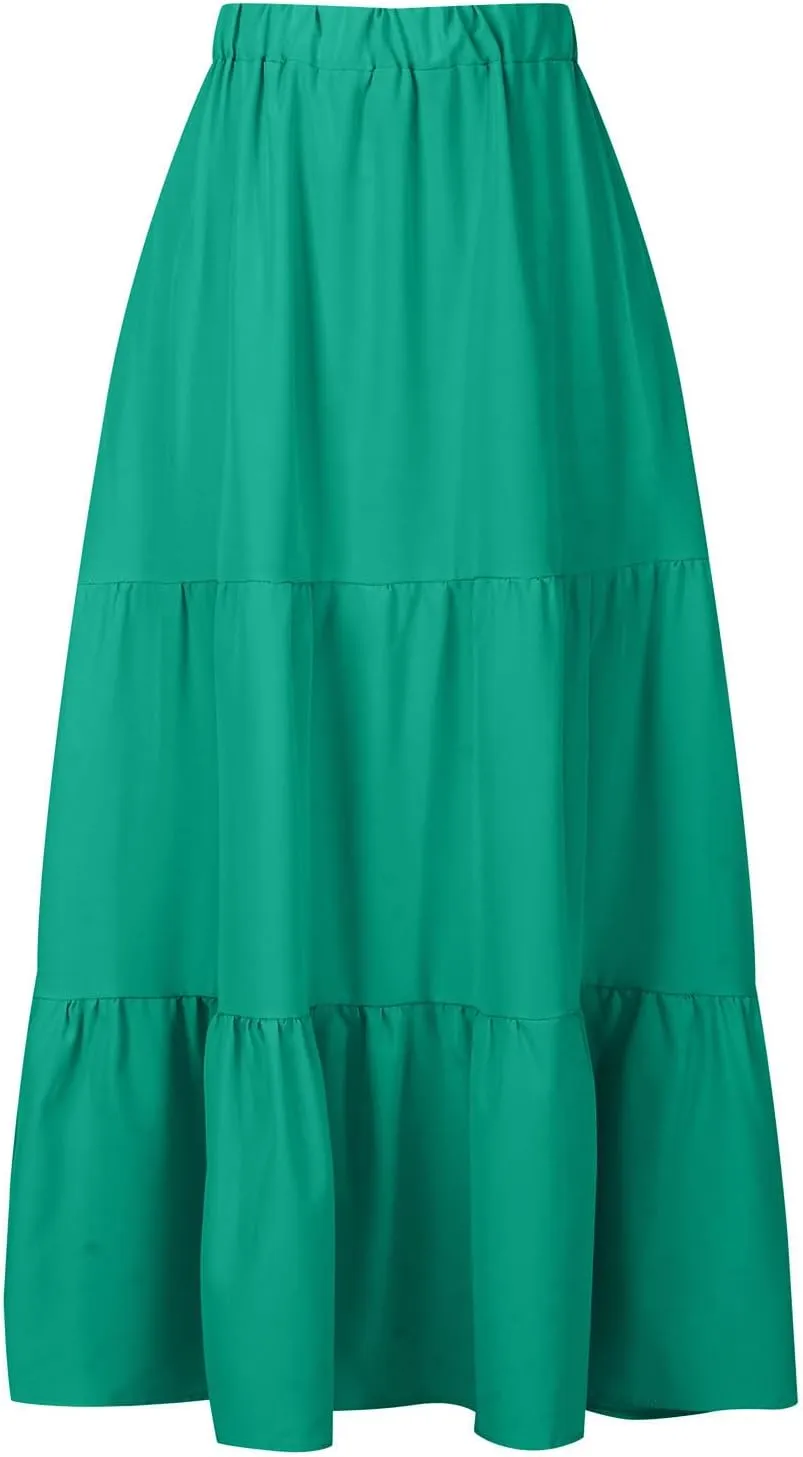 Women Summer Boho Skirt Flowy Ruffle Skirts with Pockets A-Line Midi Skirt Tiered Pleated Skirts Elastic Waist Skirt