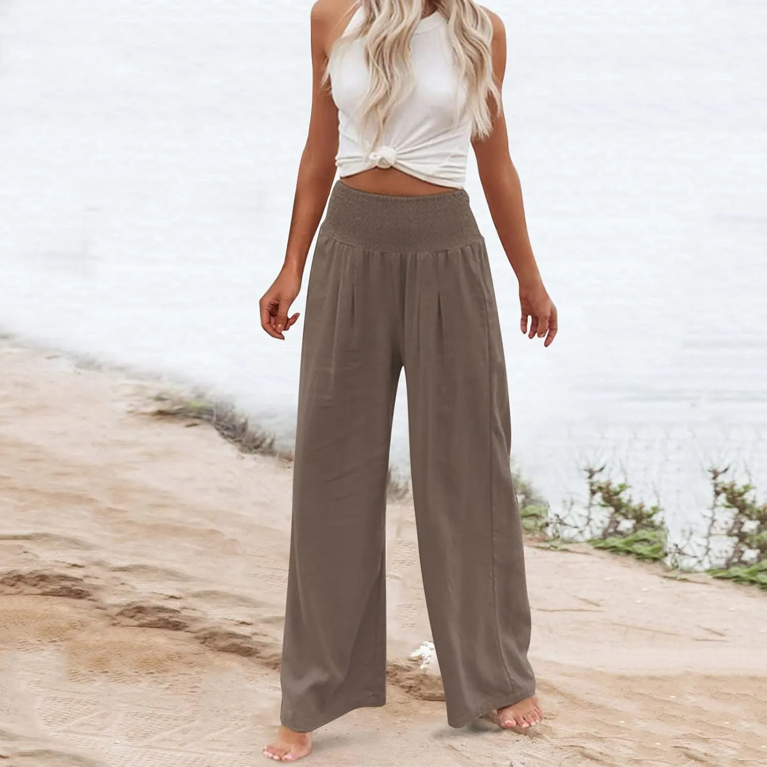 Women Summer High Waist Cotton Linen Palazzo Pants Wide Leg Long Lounge Pants with Pockets Boho Beach Flowy Trousers