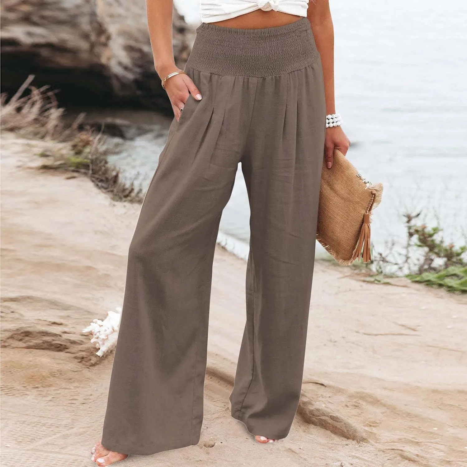 Women Summer High Waist Cotton Linen Palazzo Pants Wide Leg Long Lounge Pants with Pockets Boho Beach Flowy Trousers