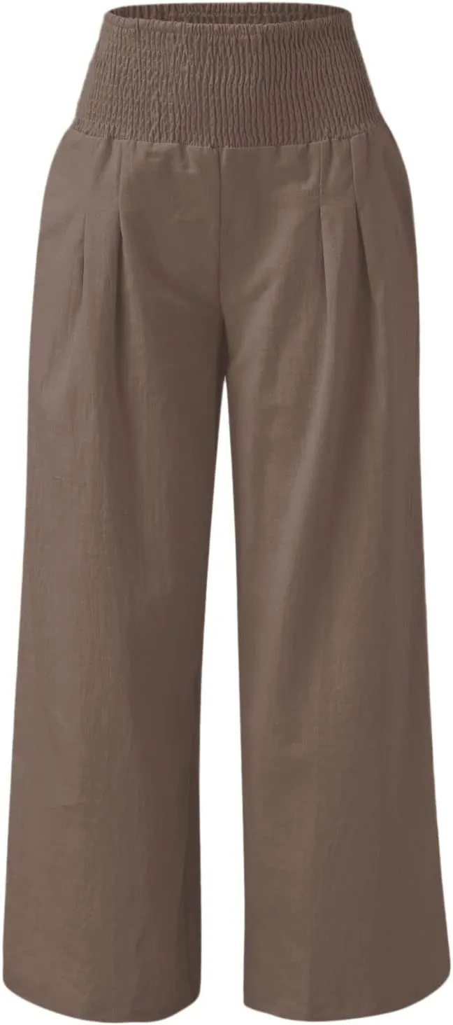 Women Summer High Waist Cotton Linen Palazzo Pants Wide Leg Long Lounge Pants with Pockets Boho Beach Flowy Trousers