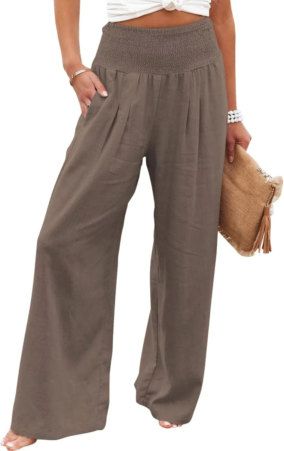 Women Summer High Waist Cotton Linen Palazzo Pants Wide Leg Long Lounge Pants with Pockets Boho Beach Flowy Trousers