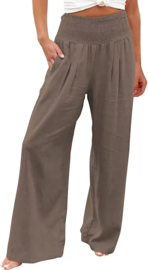 Women Summer High Waist Cotton Linen Palazzo Pants Wide Leg Long Lounge Pants with Pockets Boho Beach Flowy Trousers