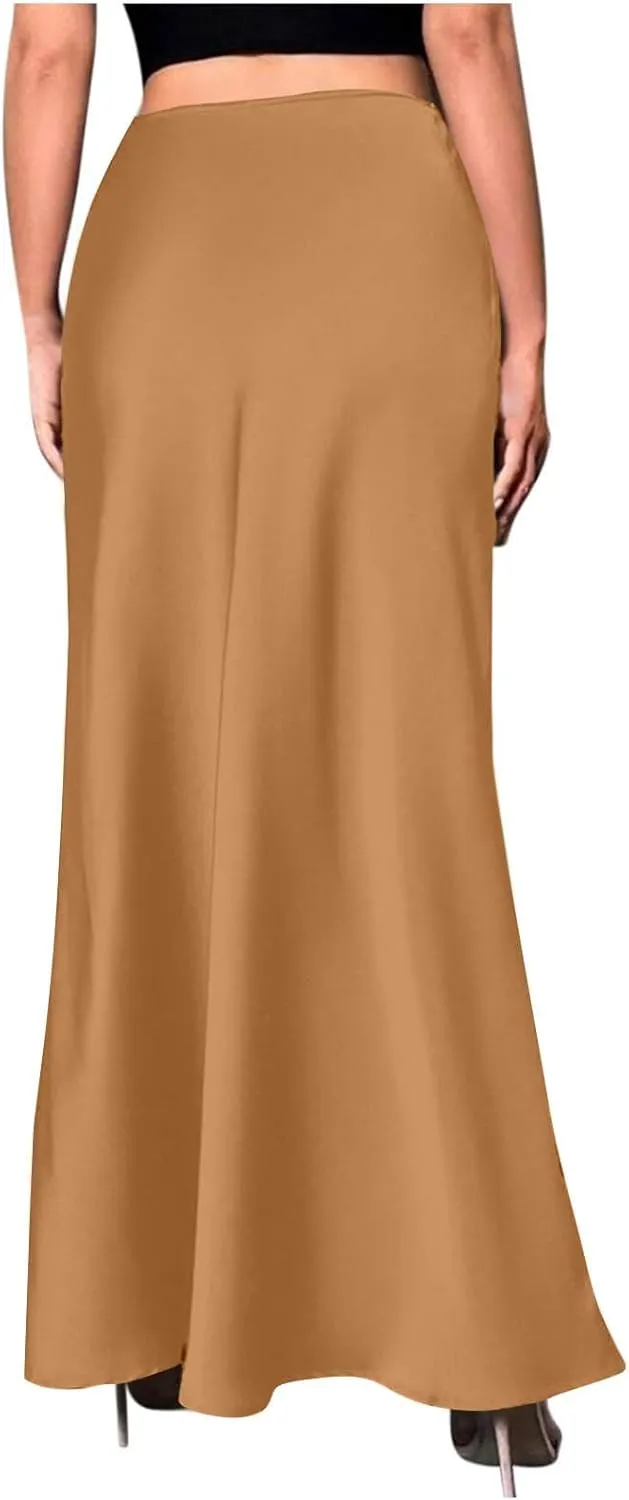 Women Summer Skirt 2025 Elegant Silk High Waist Maxi Skirts Elastic A Line Long Dress Cocktail Party Clothes
