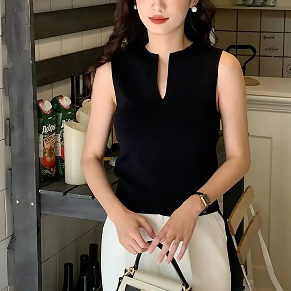 Women Summer Sleeveless Sweater Vest Minimalist V-Slit Neck Slim Fit Pullover Tank