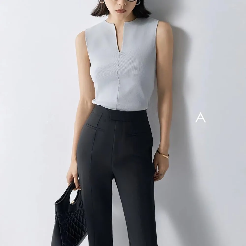 Women Summer Sleeveless Sweater Vest Minimalist V-Slit Neck Slim Fit Pullover Tank