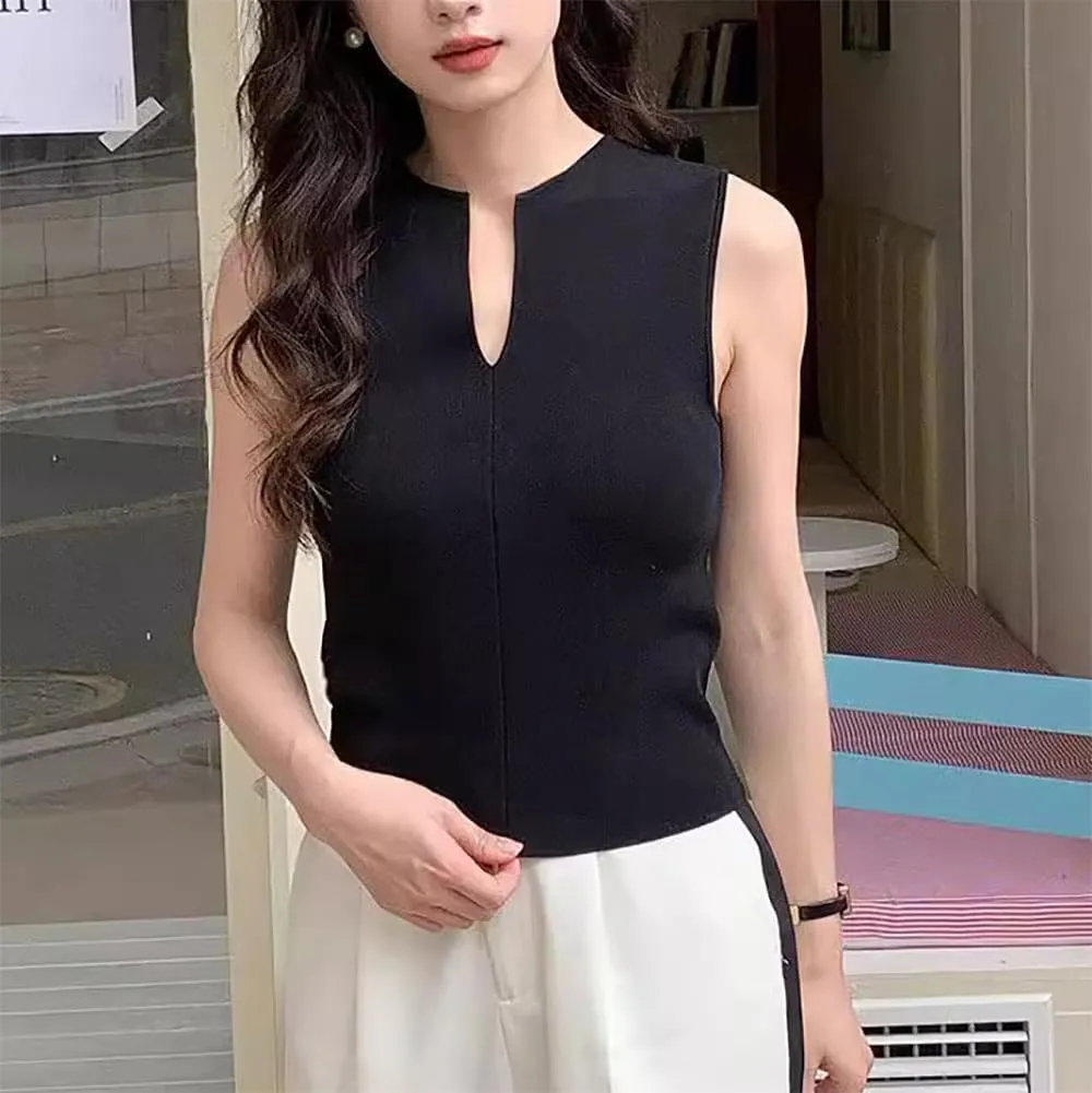 Women Summer Sleeveless Sweater Vest Minimalist V-Slit Neck Slim Fit Pullover Tank