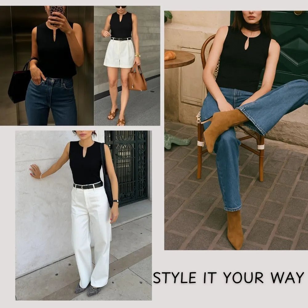 Women Summer Sleeveless Sweater Vest Minimalist V-Slit Neck Slim Fit Pullover Tank