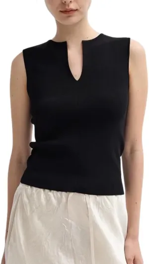 Women Summer Sleeveless Sweater Vest Minimalist V-Slit Neck Slim Fit Pullover Tank