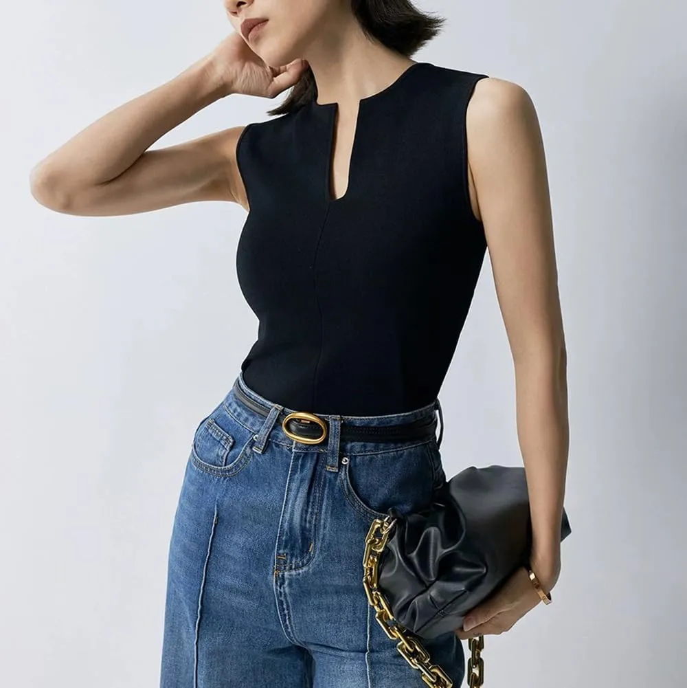 Women Summer Sleeveless Sweater Vest Minimalist V-Slit Neck Slim Fit Pullover Tank