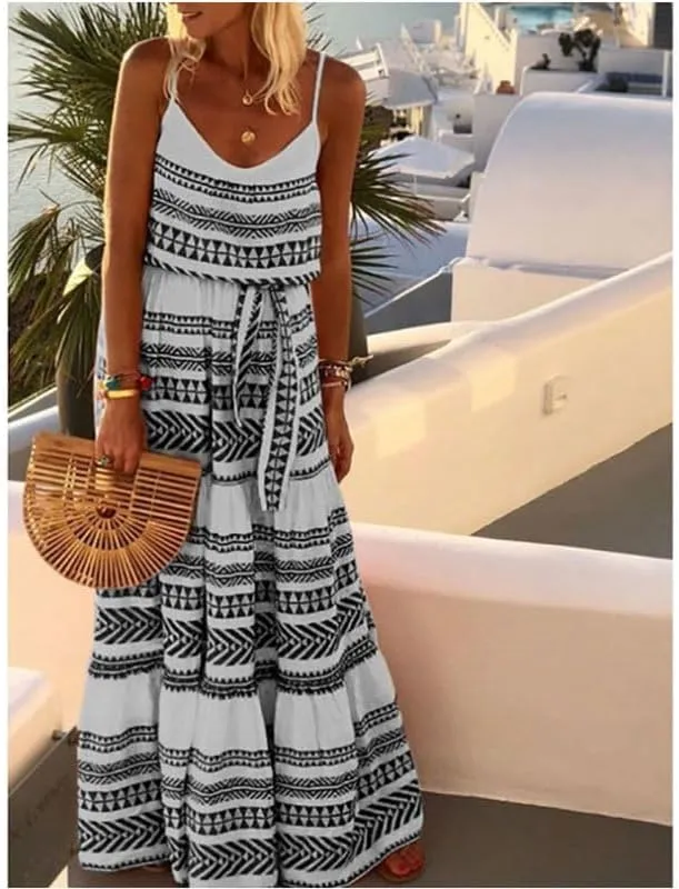 Women V Neck Floral Flowy Swing Spaghetti Strap Boho Casual Summer Beach Sundress Long Maxi Loose Dress