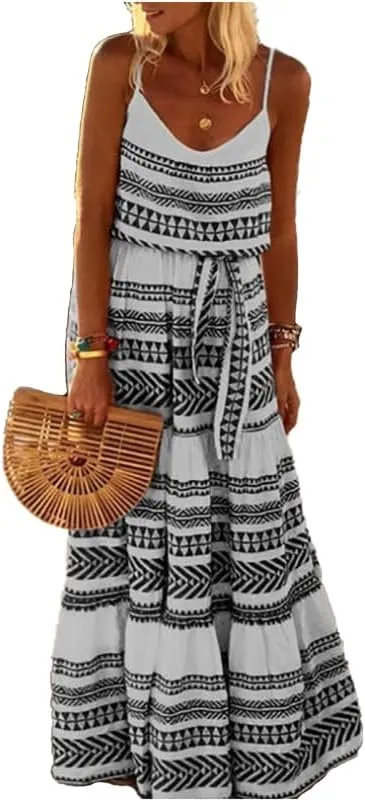 Women V Neck Floral Flowy Swing Spaghetti Strap Boho Casual Summer Beach Sundress Long Maxi Loose Dress
