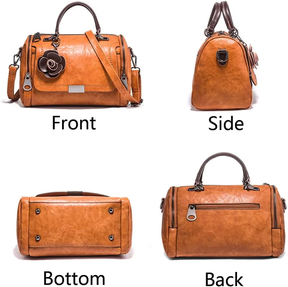 Women Vintage Tote Bag Boston Bags Flower Pendant Shoulder Bags Satchel Purse