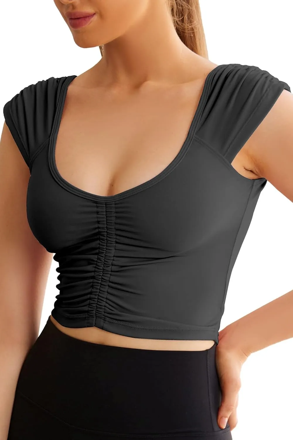 Women Workout Tops Sleeveless Yoga Longline Sports Bra Cutout Short Sleeve Crop Tank Top Gym Running Athletic Shirt U-Back
