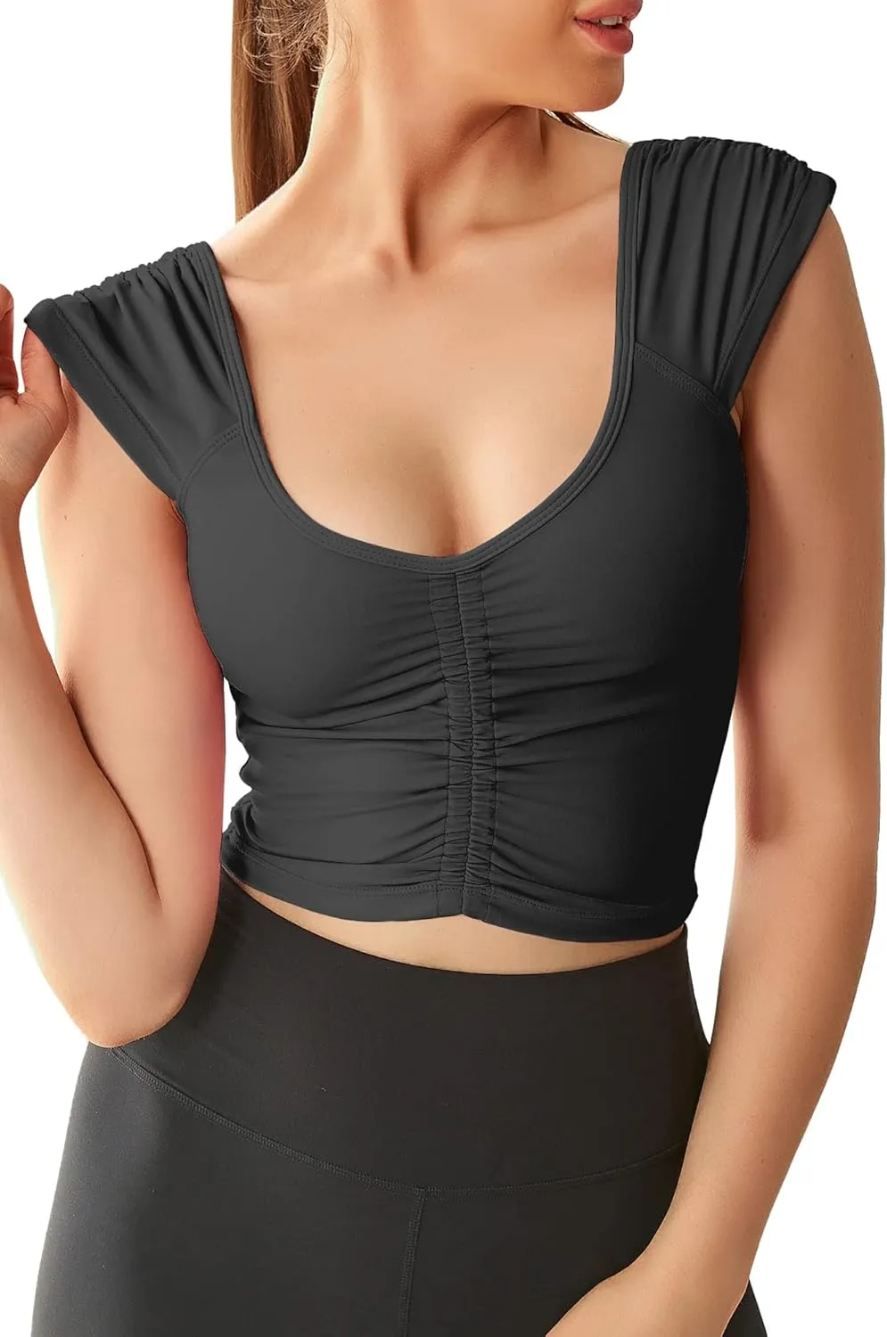 Women Workout Tops Sleeveless Yoga Longline Sports Bra Cutout Short Sleeve Crop Tank Top Gym Running Athletic Shirt U-Back
