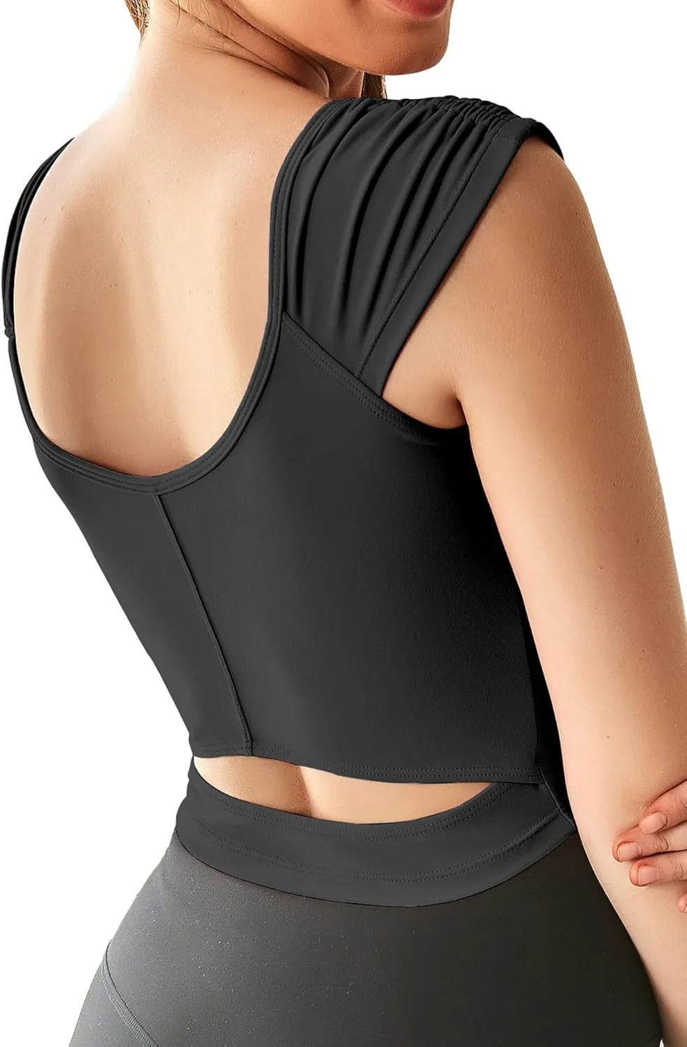 Women Workout Tops Sleeveless Yoga Longline Sports Bra Cutout Short Sleeve Crop Tank Top Gym Running Athletic Shirt U-Back
