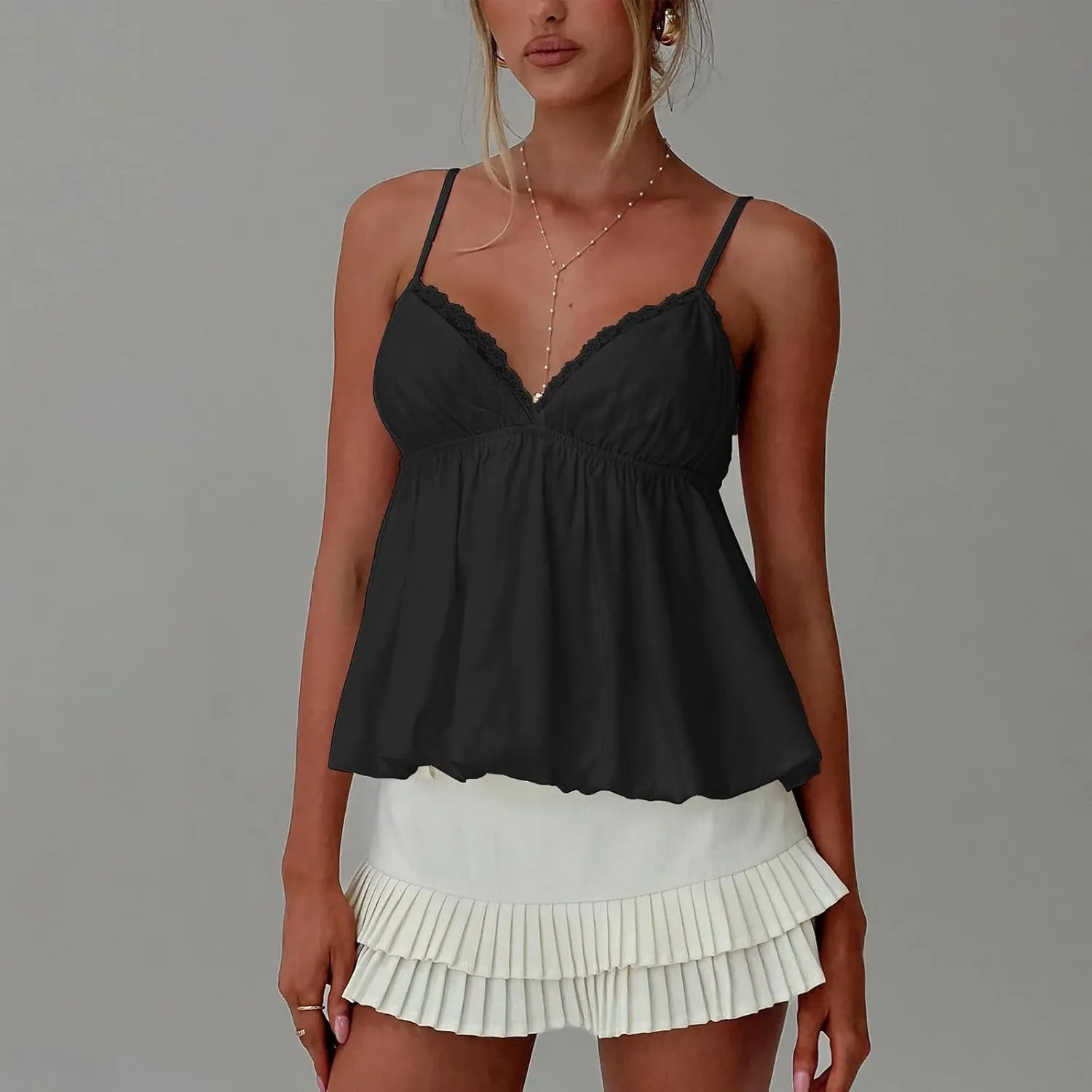 Women Y2K Cami Shirt Sexy V Neck Sleeveless Peplum Crop Top Spaghetti Strap Babydoll Tank Tops Going Out Camisole