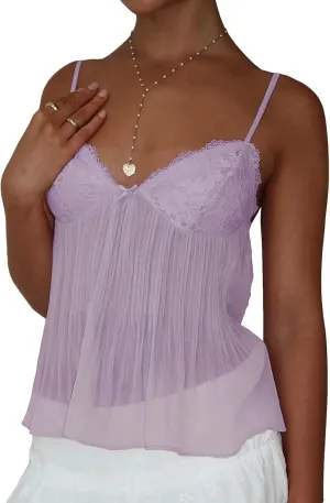 Women Y2K Fairy Pleated Camisole Coquette Spaghetti Strap V-Neck Lace Mesh Sheer Ruffle Hem Crop Tank Top Clubwear
