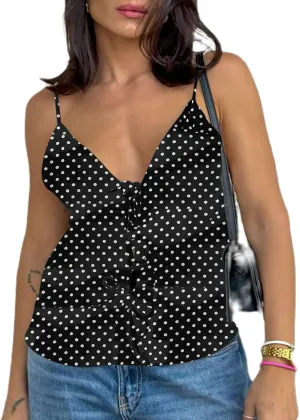 Women Y2k Floral Mesh Cami Tops Tie Front Spaghetti Strap V Neck Lace Up Camisole Summer Going Out Tank Top