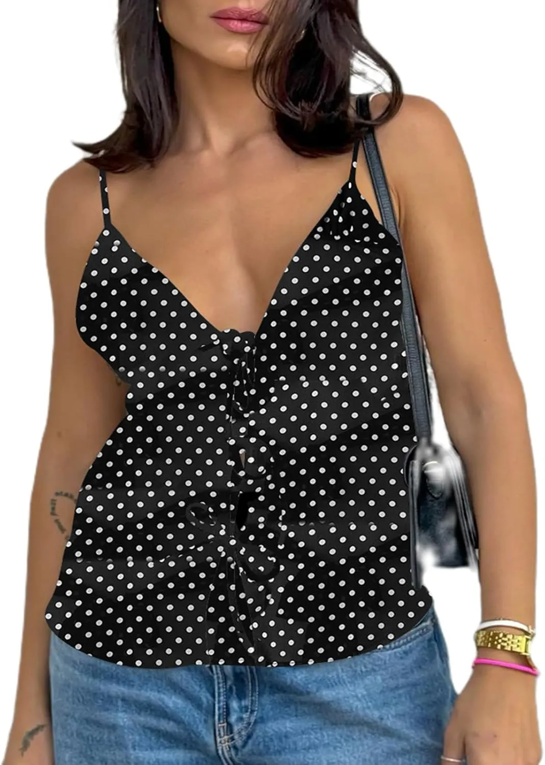 Women Y2k Floral Mesh Cami Tops Tie Front Spaghetti Strap V Neck Lace Up Camisole Summer Going Out Tank Top