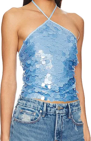 Women Y2k Sequin Tops Sleeveless Backless Spaghetti Strap Halter Top Club Party Rave Camisole
