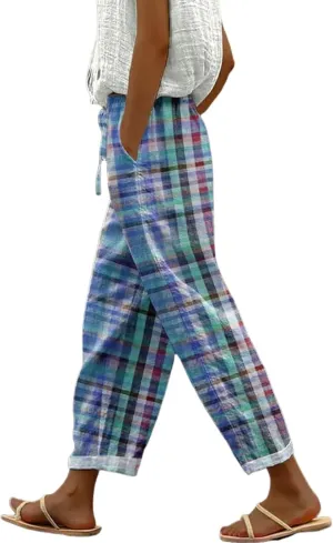 Women's Blue Striped Gingham Harem Pants Summer Casual Loose Plaid Drawstring Trousers Beach Travel Bottoms with Pockets