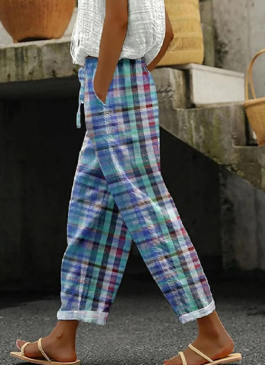 Women's Blue Striped Gingham Harem Pants Summer Casual Loose Plaid Drawstring Trousers Beach Travel Bottoms with Pockets