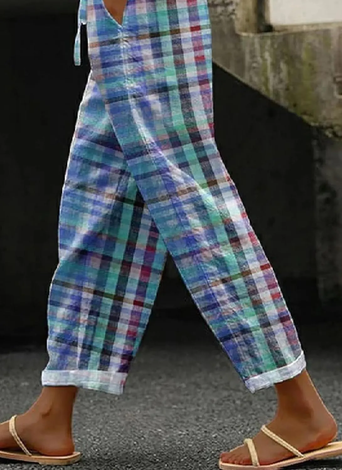 Women's Blue Striped Gingham Harem Pants Summer Casual Loose Plaid Drawstring Trousers Beach Travel Bottoms with Pockets
