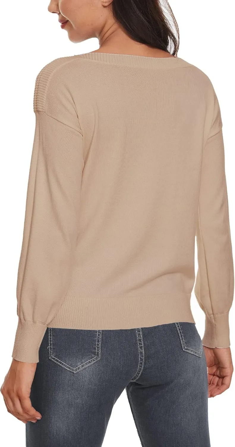 Women's Boat Neck Long Sleeve Sweaters Casual Lightweight Knit Pullover Tops Fall Winter Trendy