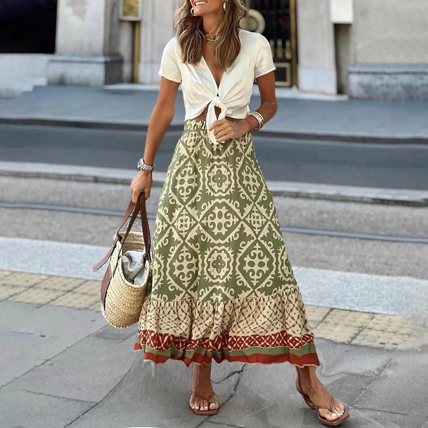 Women's Boho Elastic High Waist A Line Flared Ruffle Swing Beach Maxi Skirt Summer Beach Wrap Cover Up Long Skirt