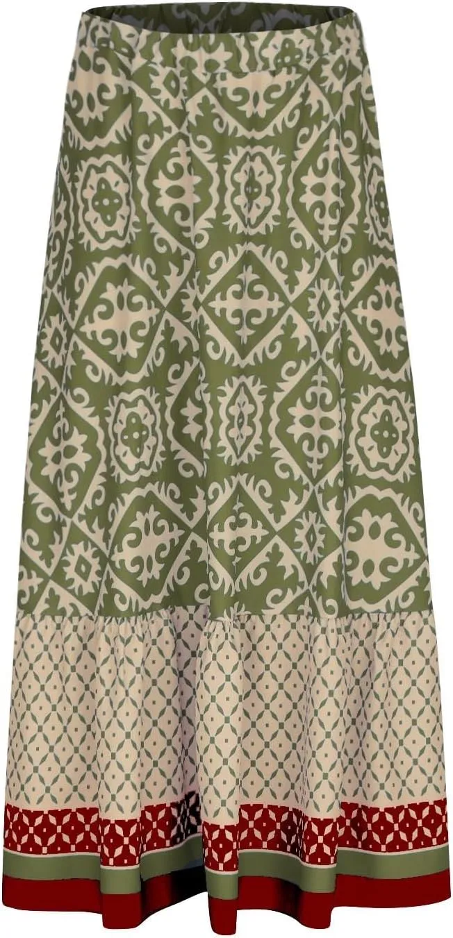 Women's Boho Elastic High Waist A Line Flared Ruffle Swing Beach Maxi Skirt Summer Beach Wrap Cover Up Long Skirt