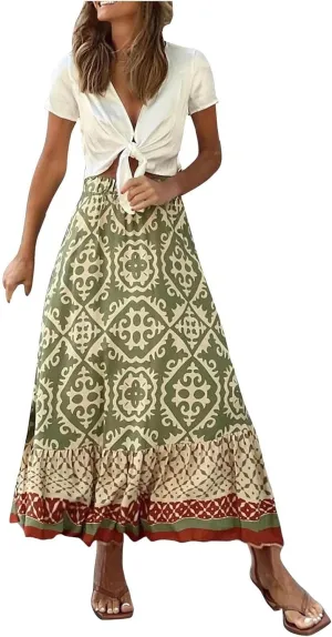 Women's Boho Elastic High Waist A Line Flared Ruffle Swing Beach Maxi Skirt Summer Beach Wrap Cover Up Long Skirt