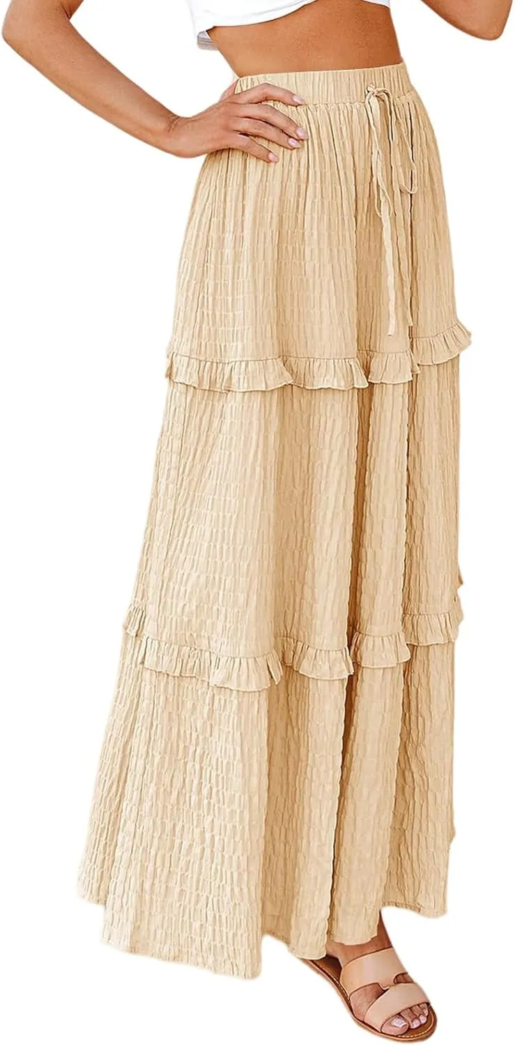 Womens Boho Floral Wrap Maxi Skirt High Waist Pleated A-Line Flowy Swing Line Maxi Long Skirt Beach Skirts