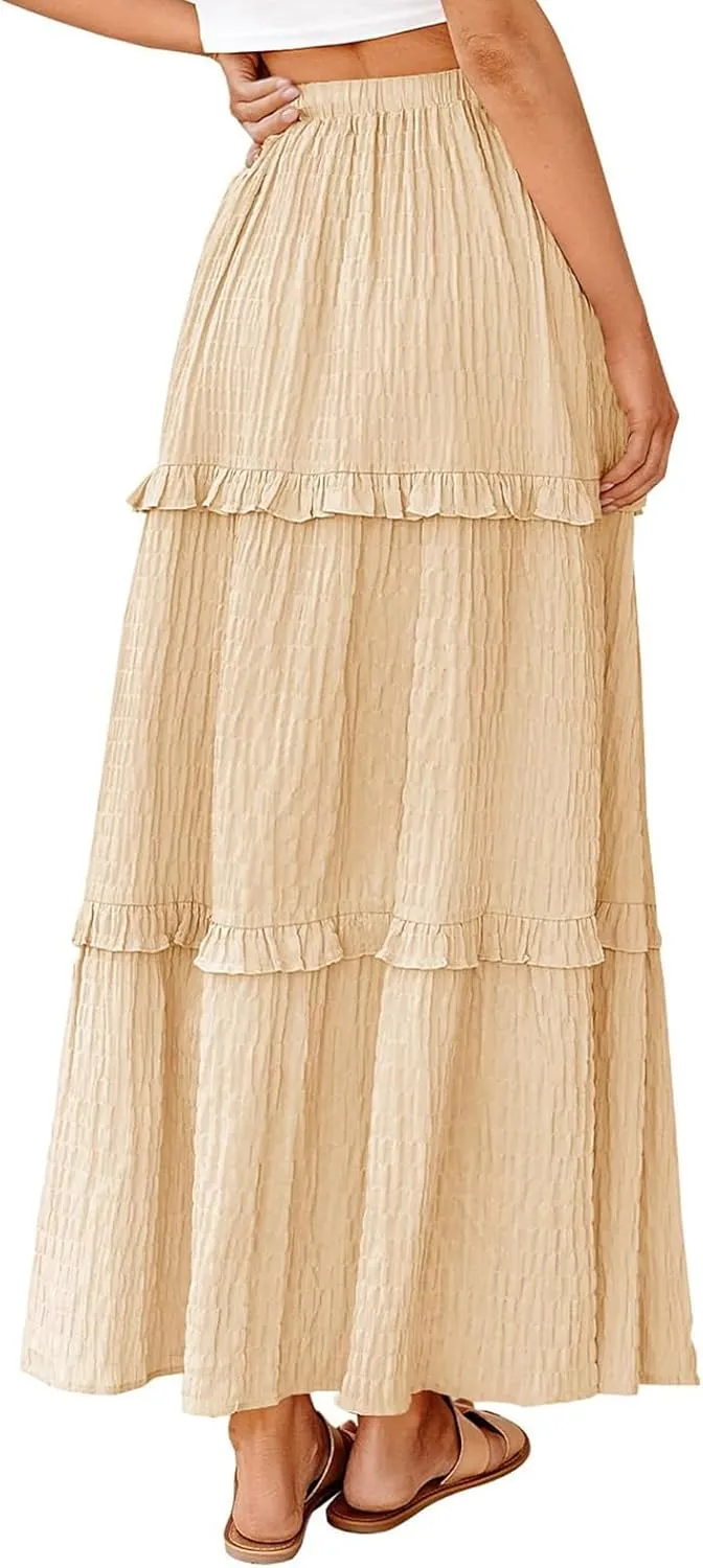 Womens Boho Floral Wrap Maxi Skirt High Waist Pleated A-Line Flowy Swing Line Maxi Long Skirt Beach Skirts